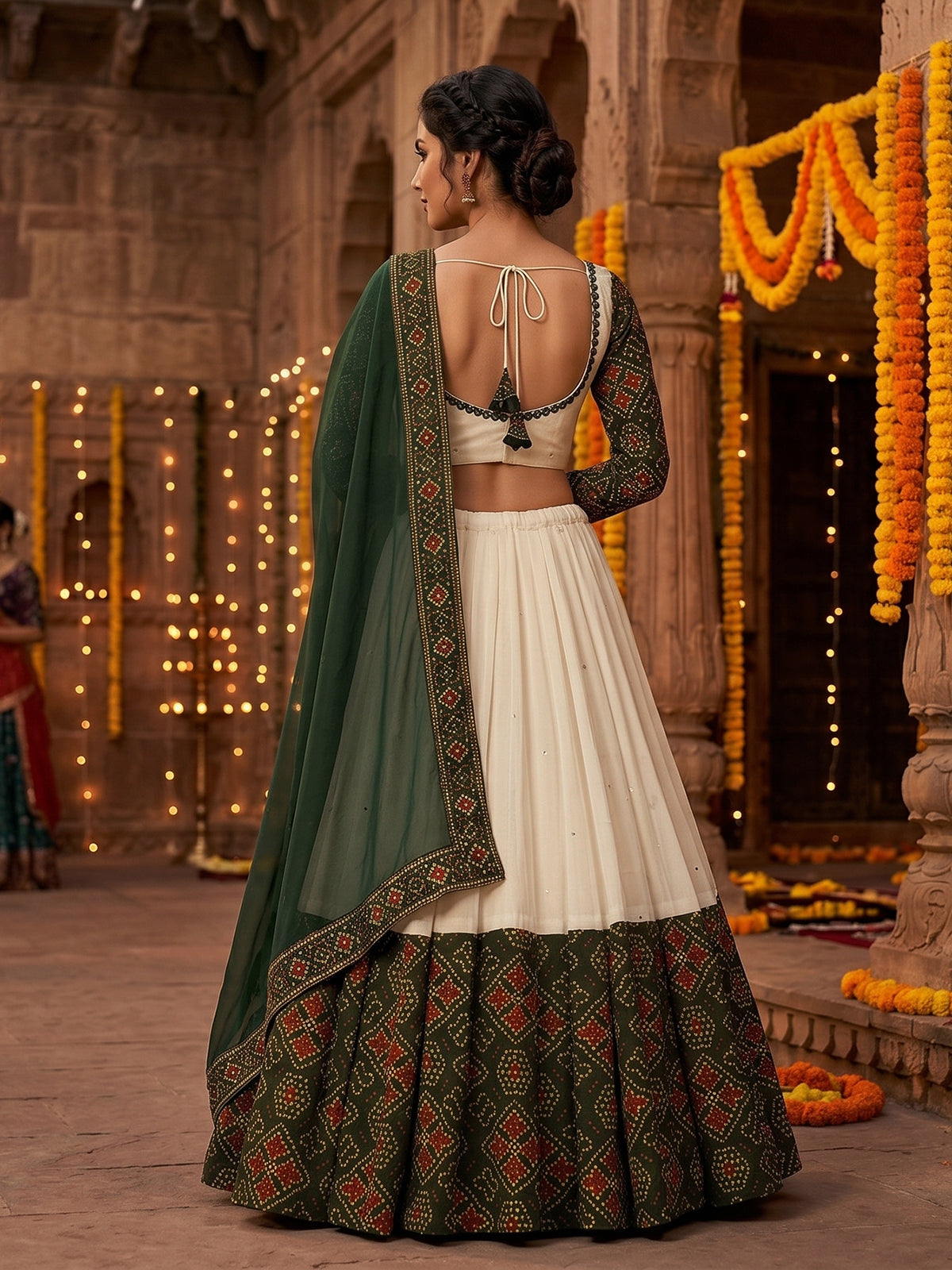 Dark green patola inspired lehenga festive splendor
