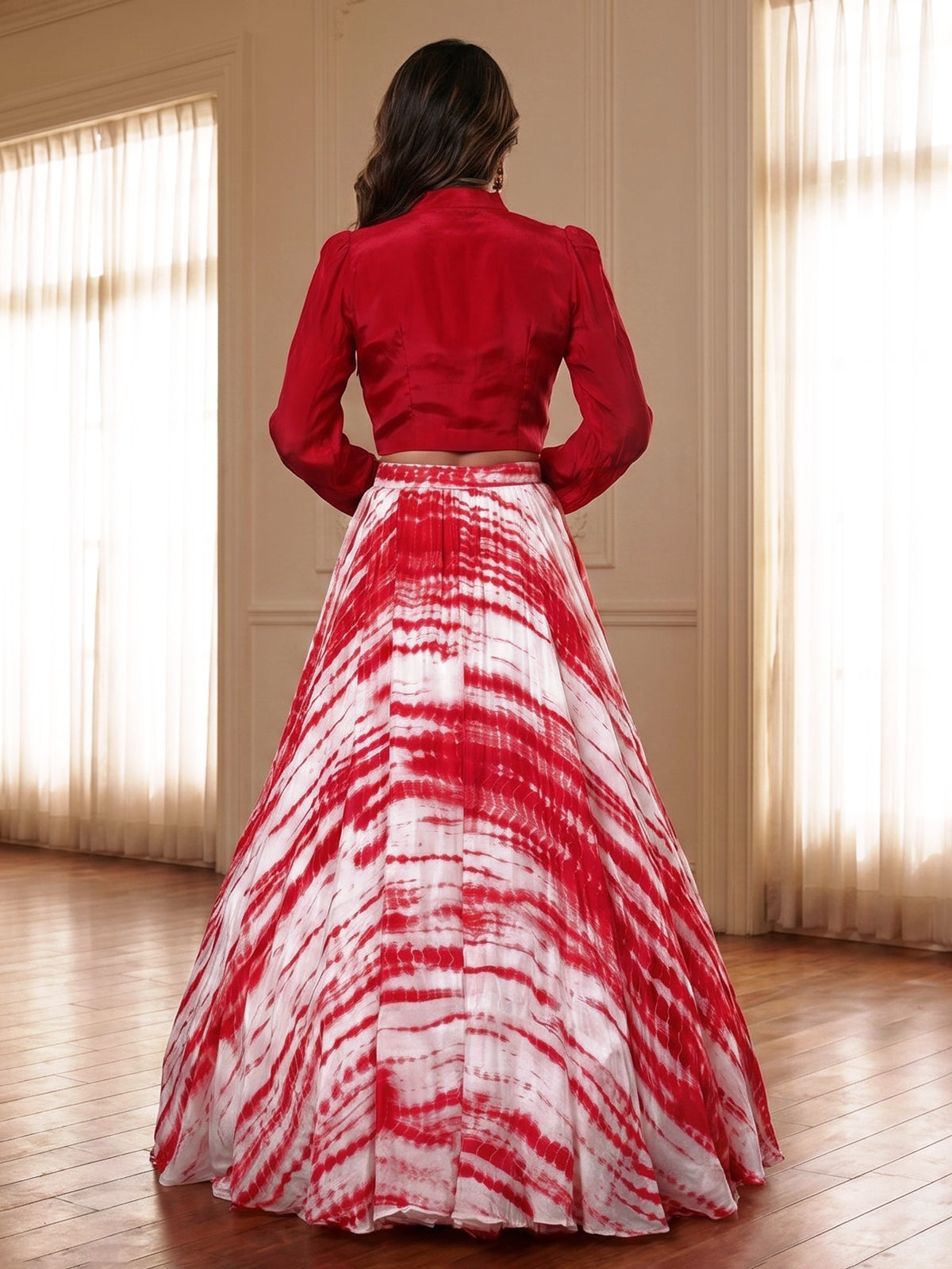 Red satin silk designer printed lehenga choli