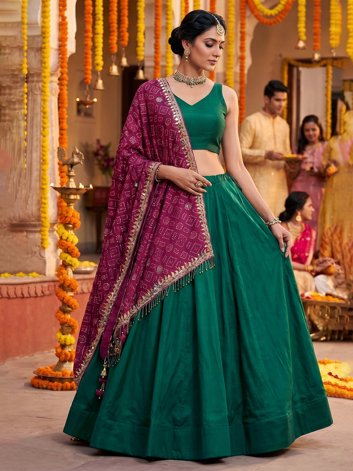 Green bandhani grace lehenga with mirror elegance