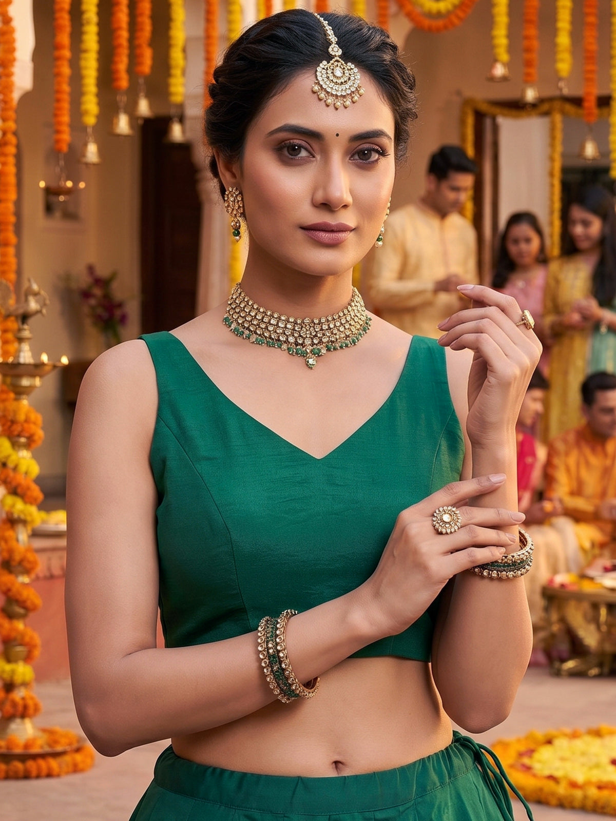Green bandhani grace lehenga with mirror elegance