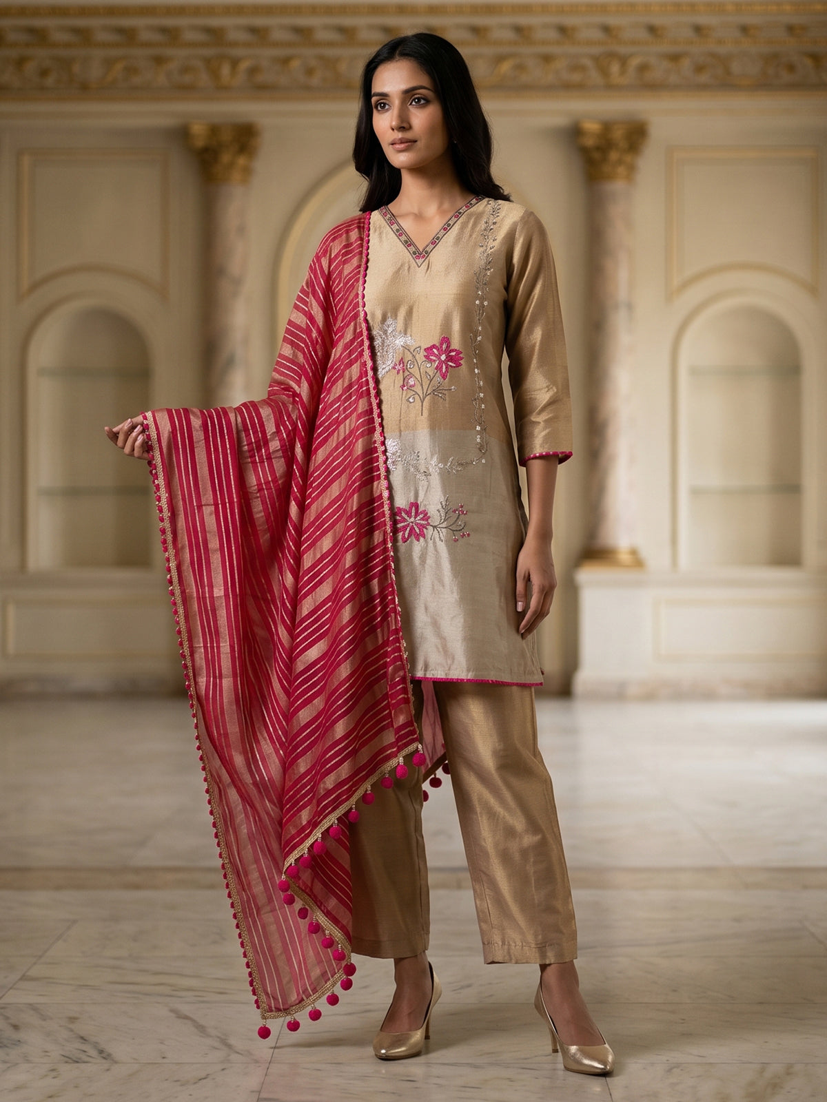 Gold and beige silk salwar suit with embroidery