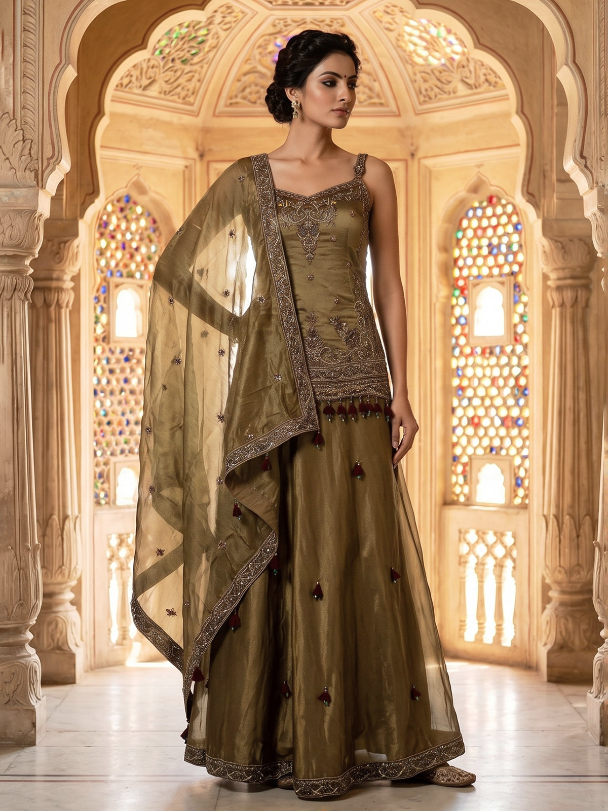 Mehendi green embellished tissue silk palazzo suit