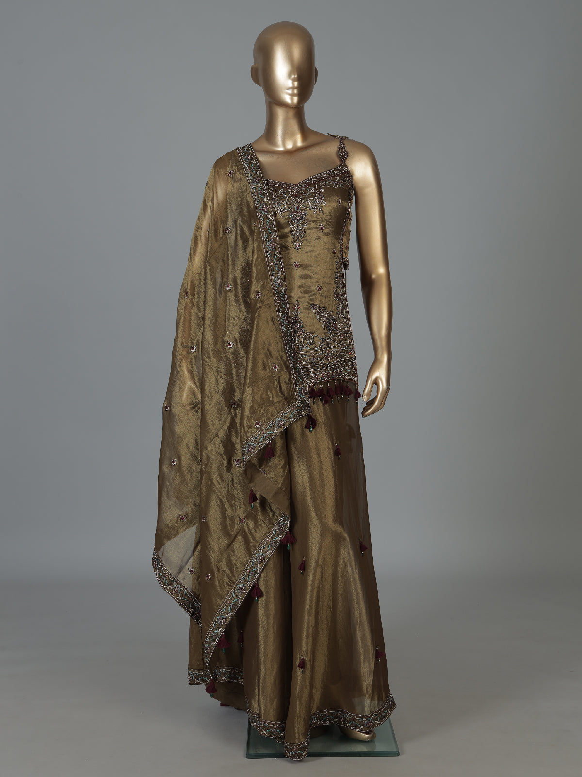 Mehendi green embellished tissue silk palazzo suit