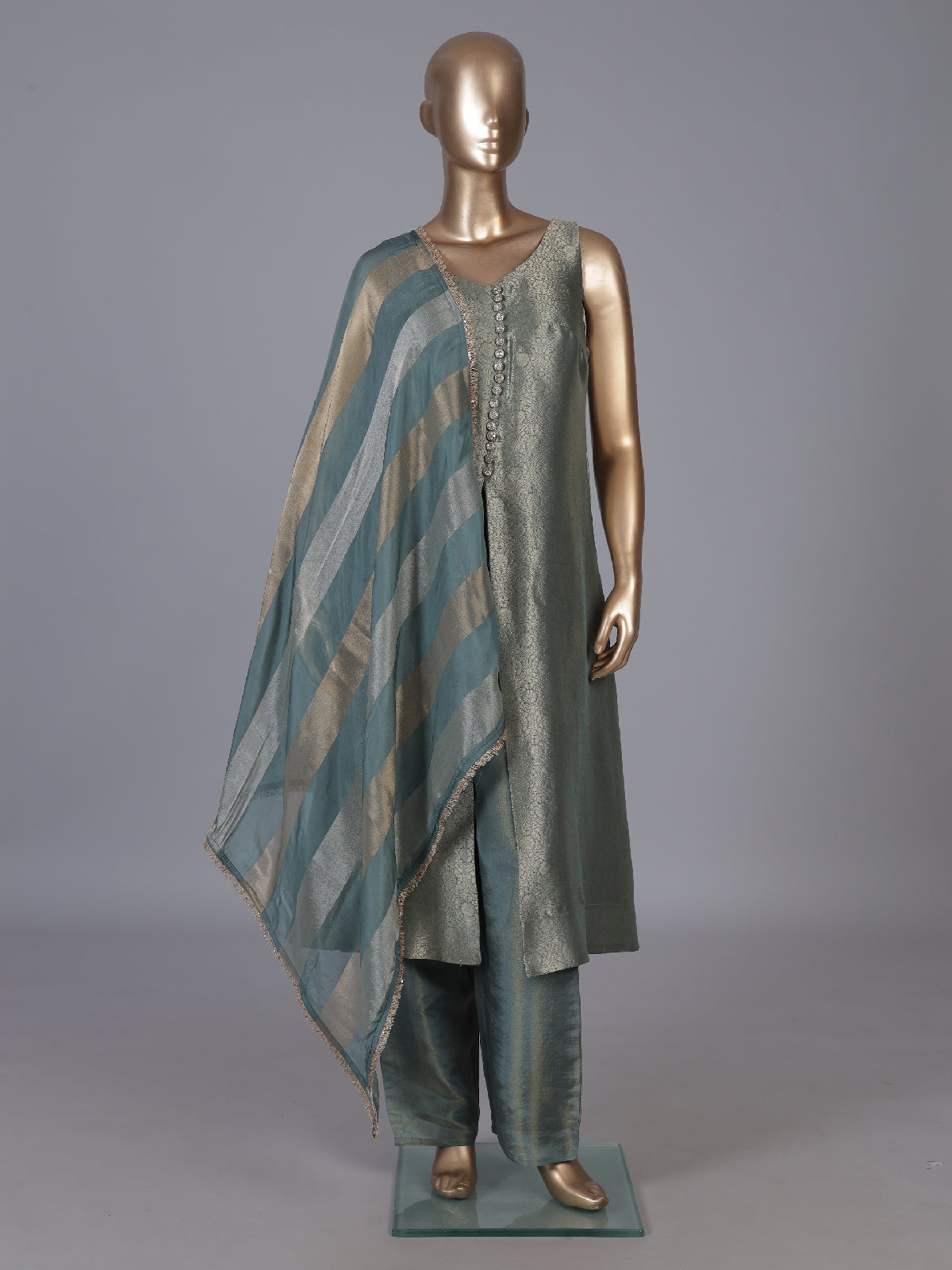 Green metallic brocade salwar suit with front-slit kameez