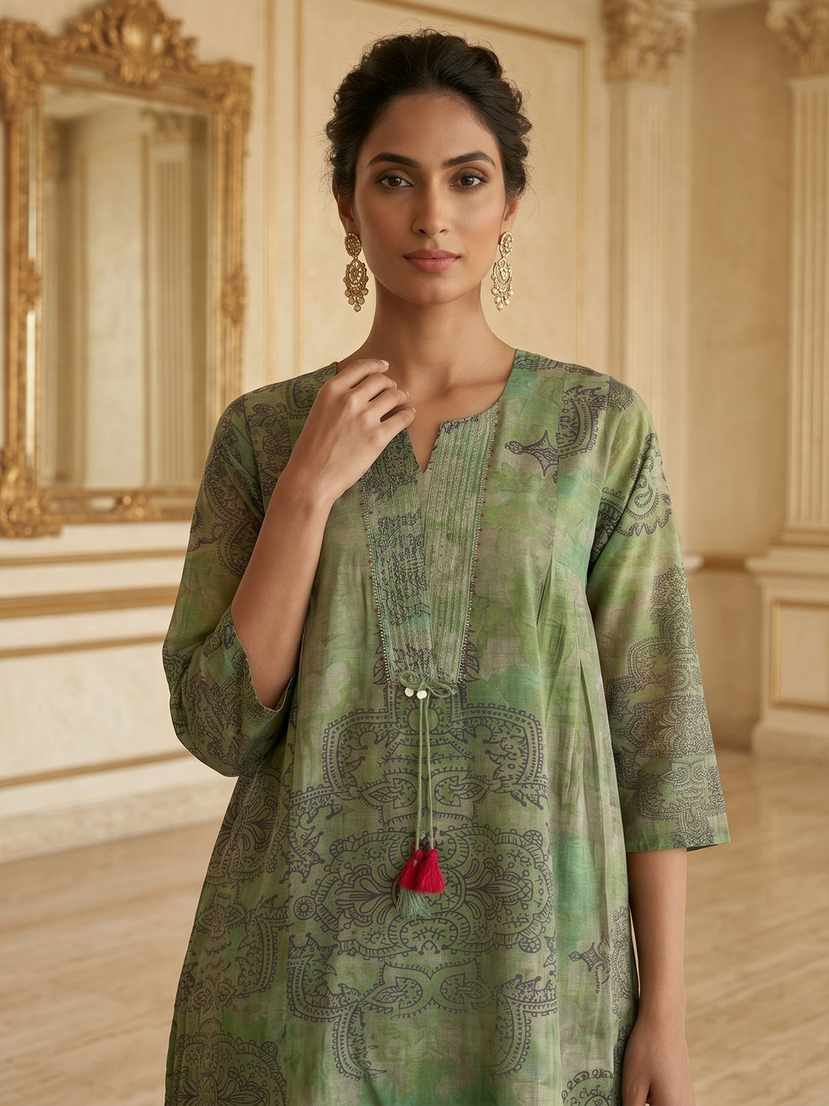 Sage green printed kurti set with trouser and sheer dupatta