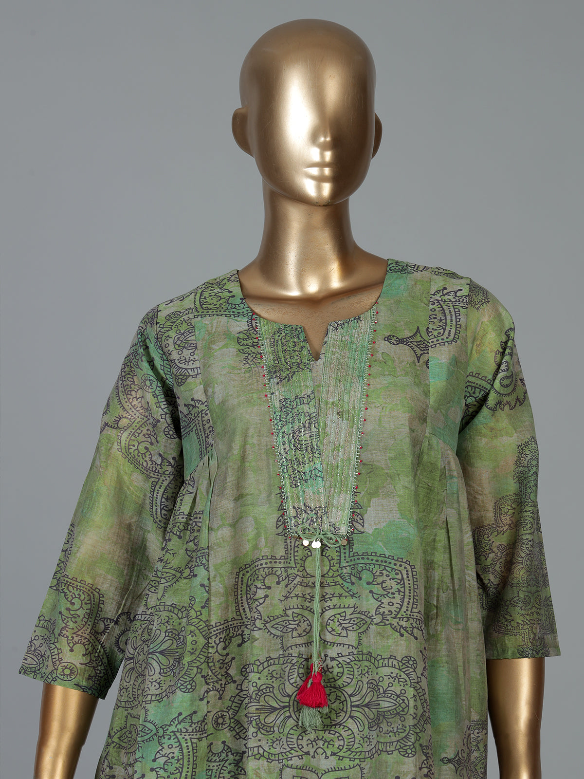Sage green printed kurti set with trouser and sheer dupatta