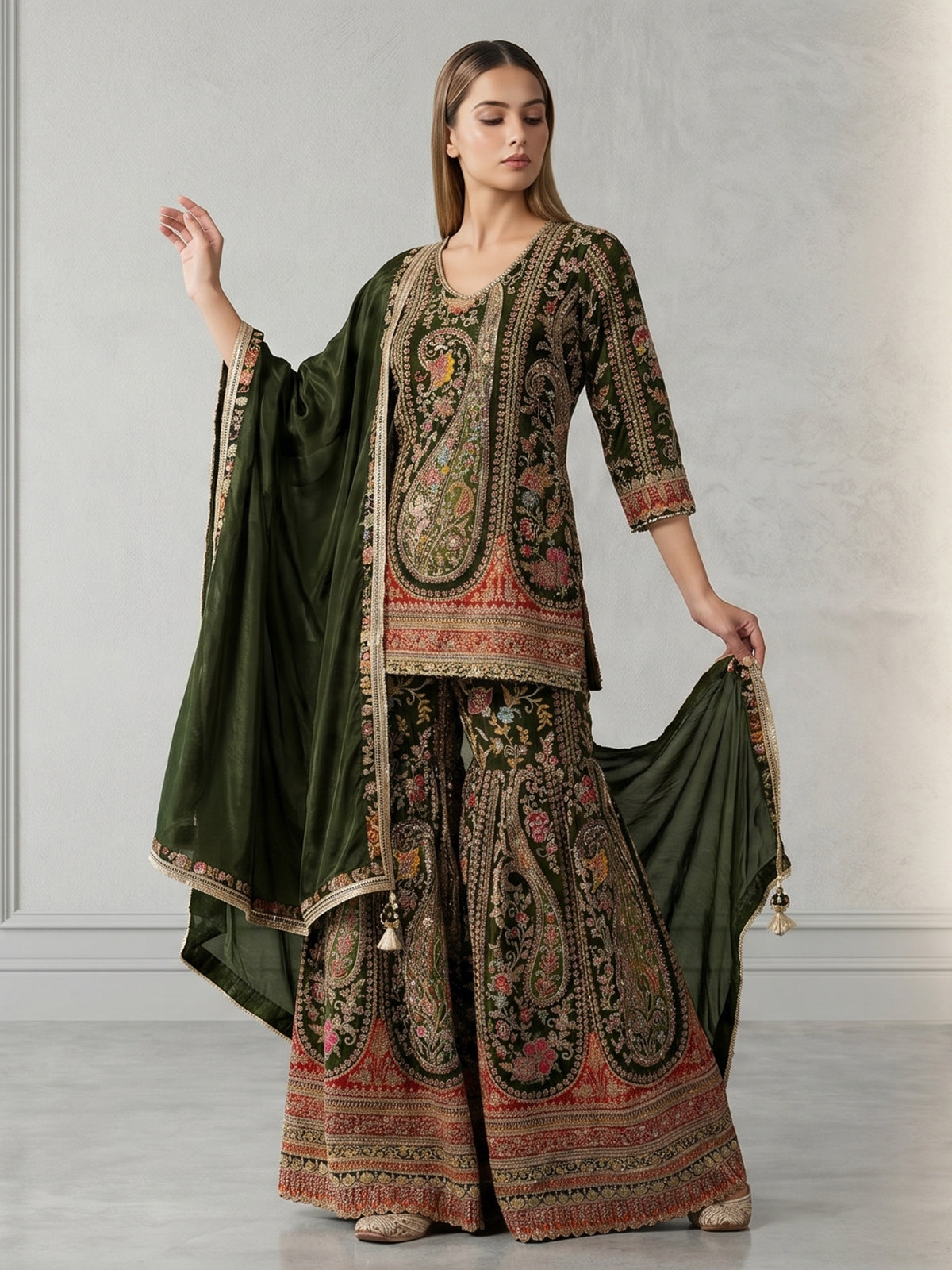 Mehendi green sharara suit with motifs