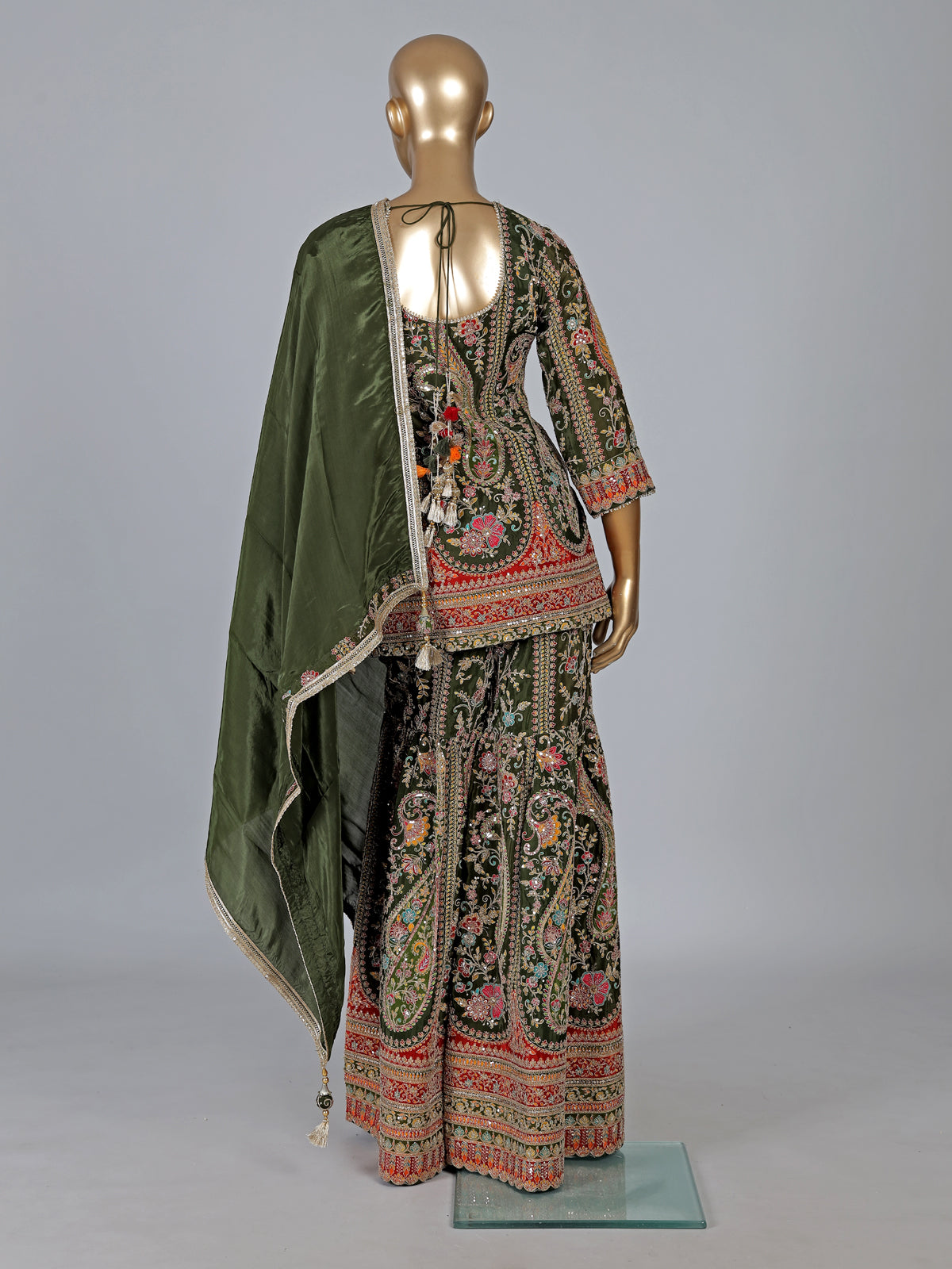 Mehendi green sharara suit with motifs