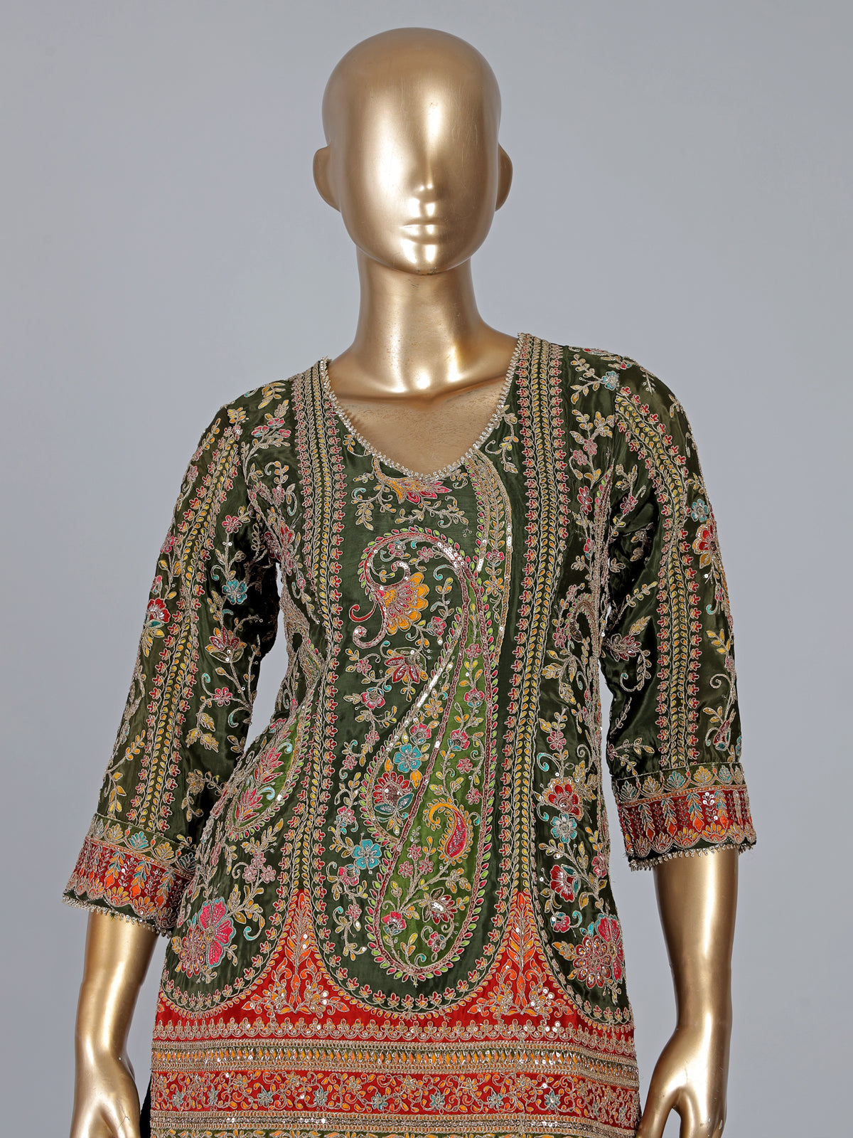 Mehendi green sharara suit with motifs