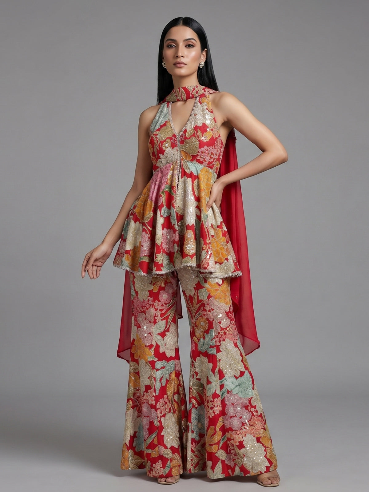 Red floral georgette sharara suit with rich detailing