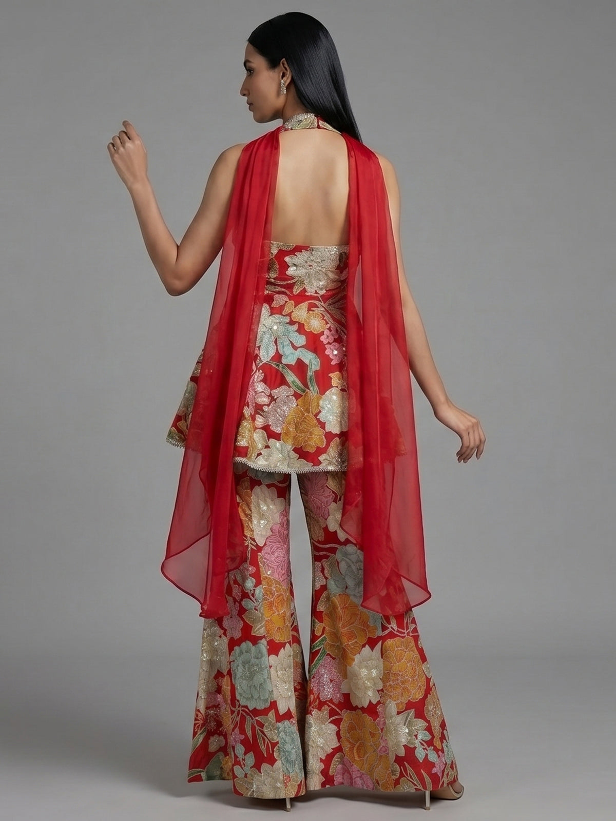 Red floral georgette sharara suit with rich detailing