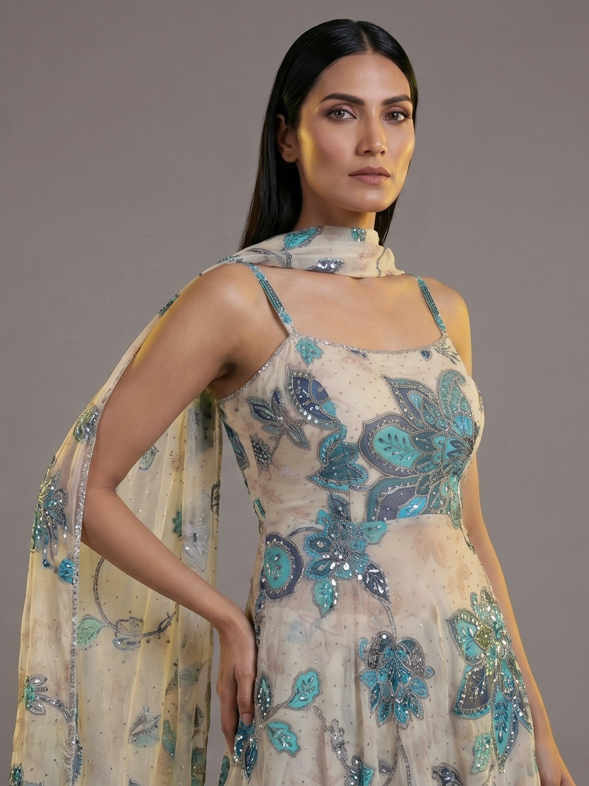 Ivory crepe georgette party wear sharara suit