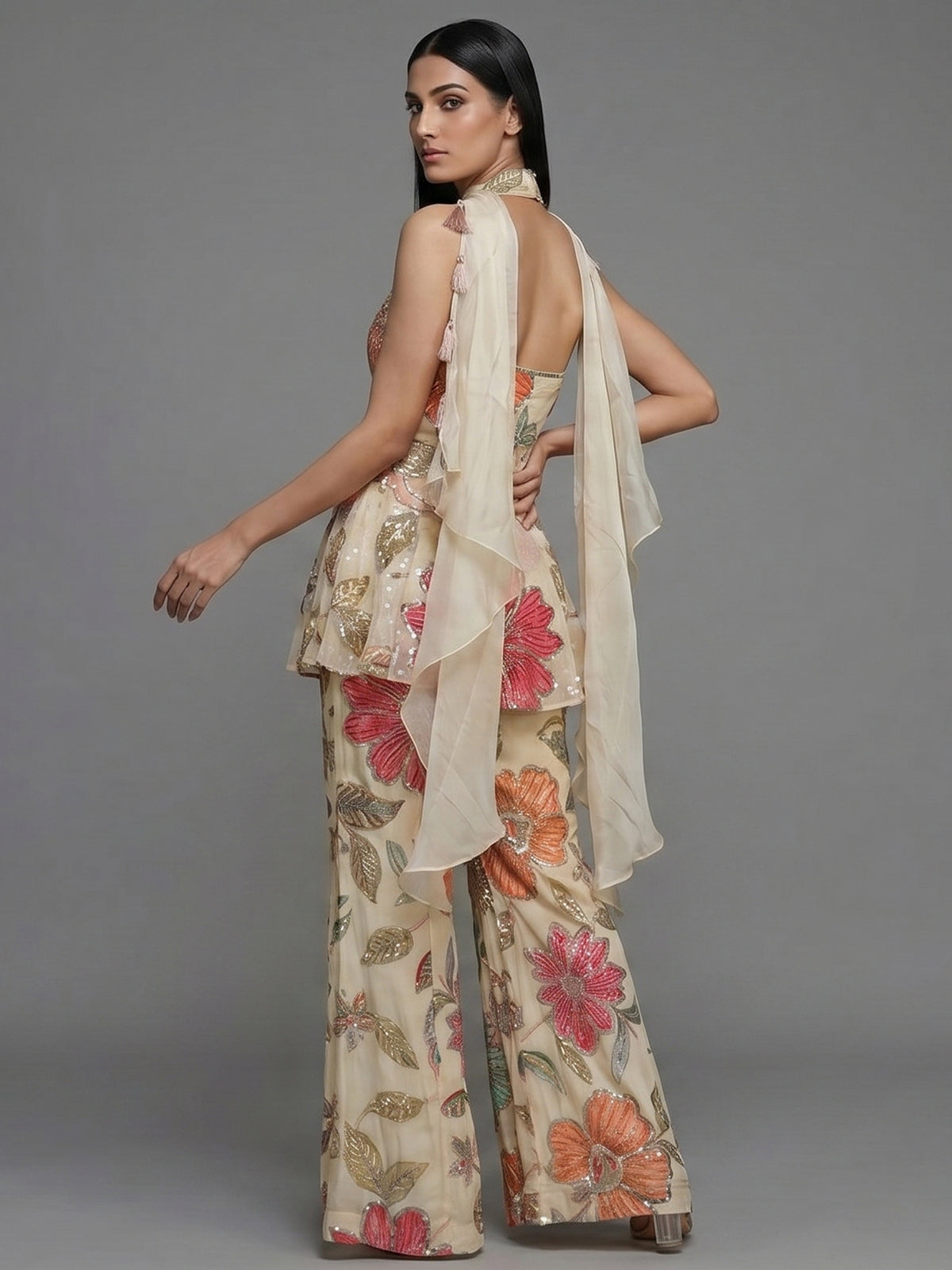 Cream floral sharara suit with mirror work