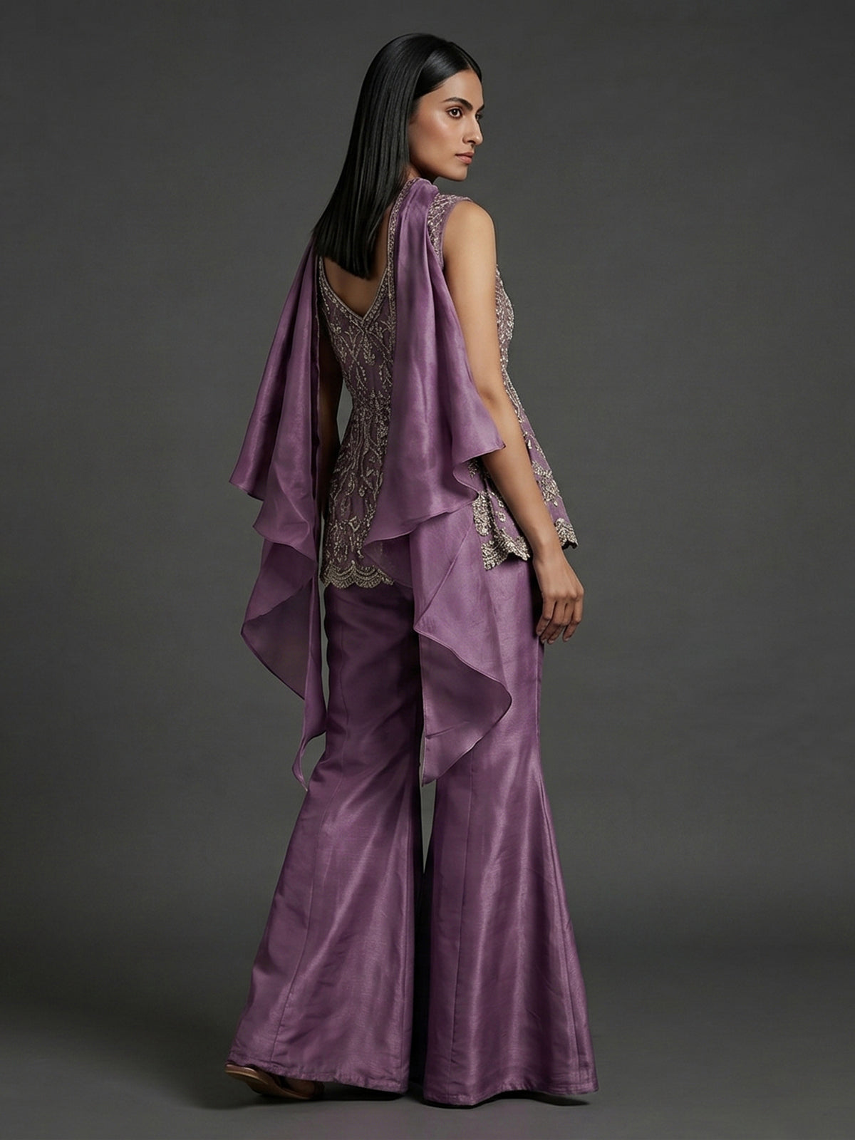 Pink silk palazzo suit with sequin work
