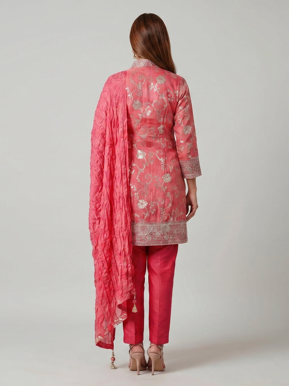 Pink silk pant suit with mirror work