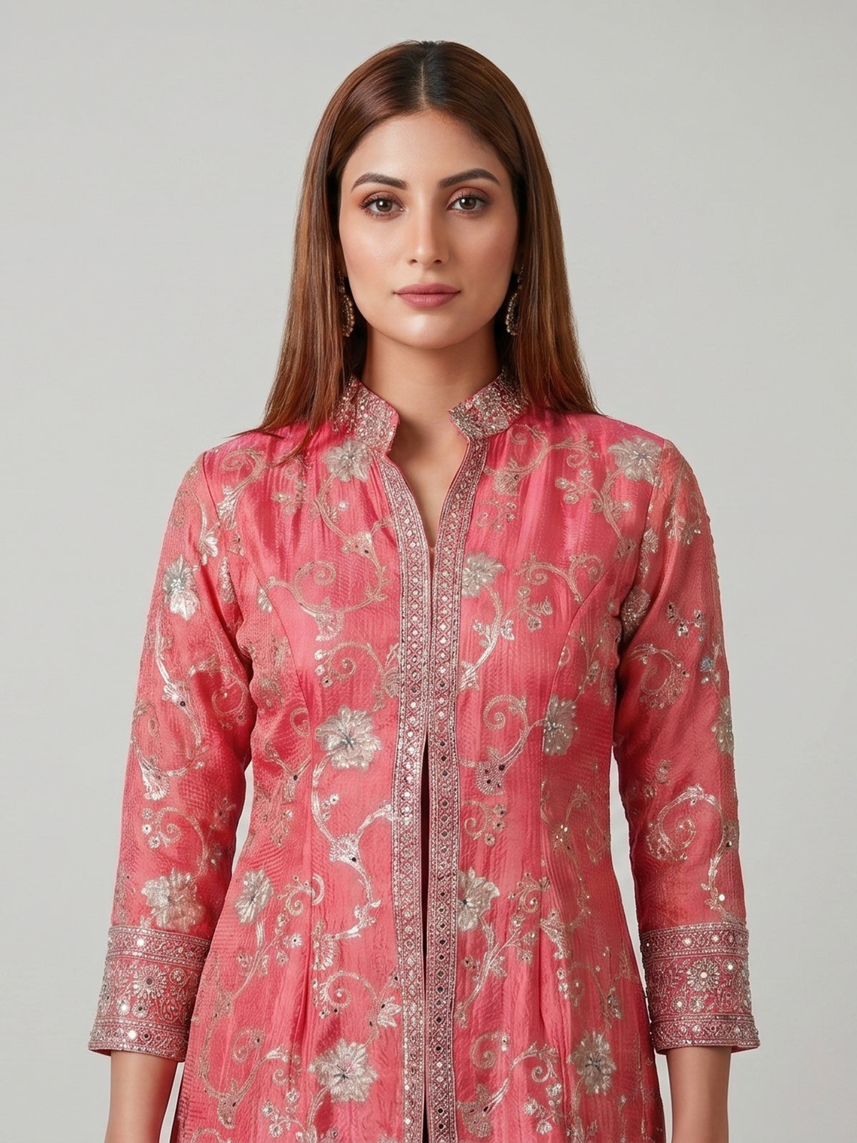 Pink silk pant suit with mirror work