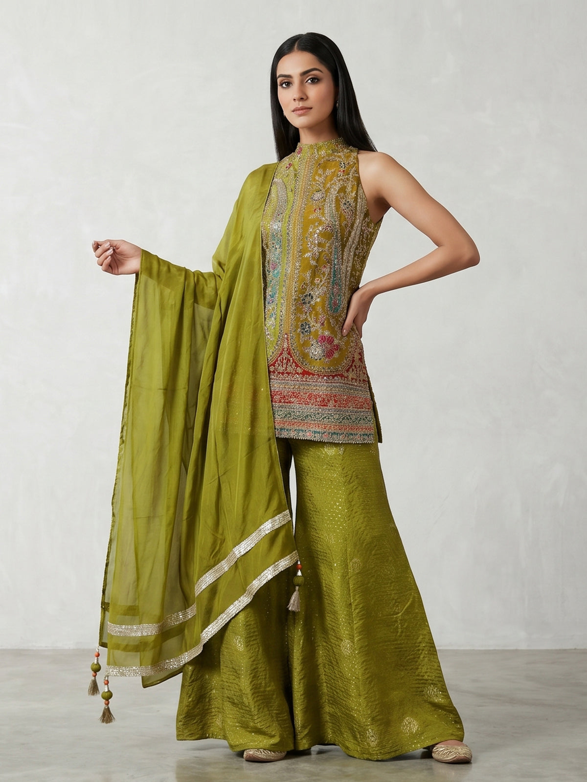Mehendi green silk palazzo suit with stand collar neck