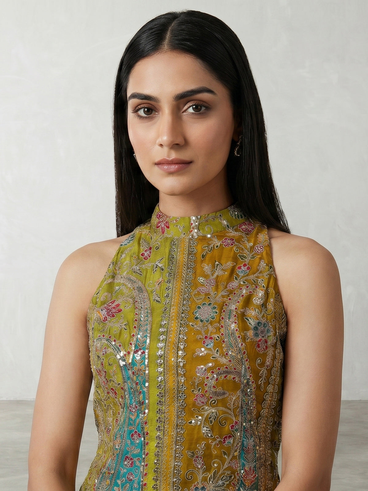 Mehendi green silk palazzo suit with stand collar neck