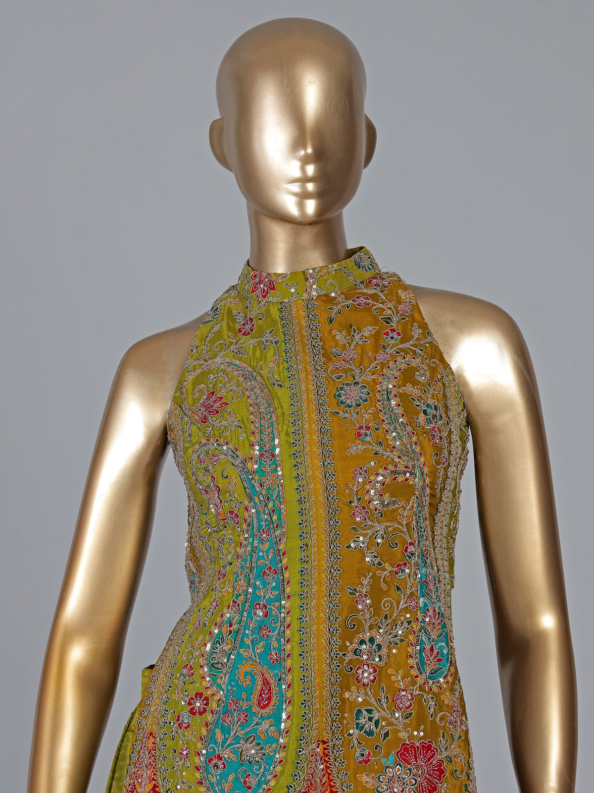 Mehendi green silk palazzo suit with stand collar neck