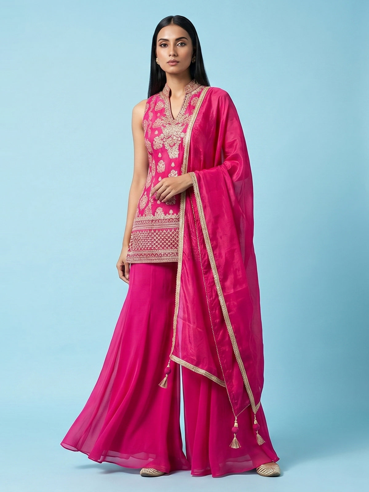 Rani pink georgette zardosi worked festive salwar suit