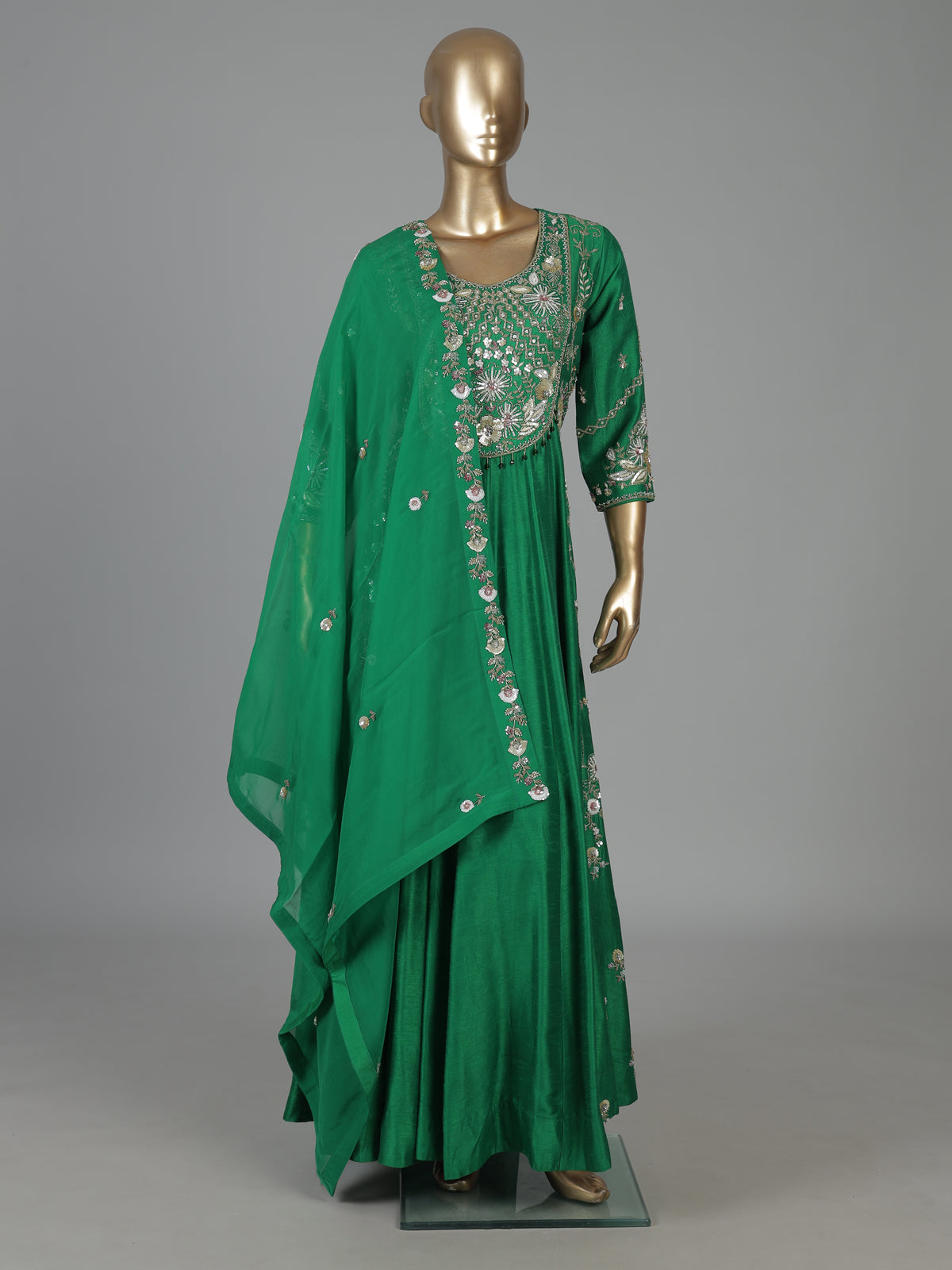 Emerald green silk wedding wear anarkali suit