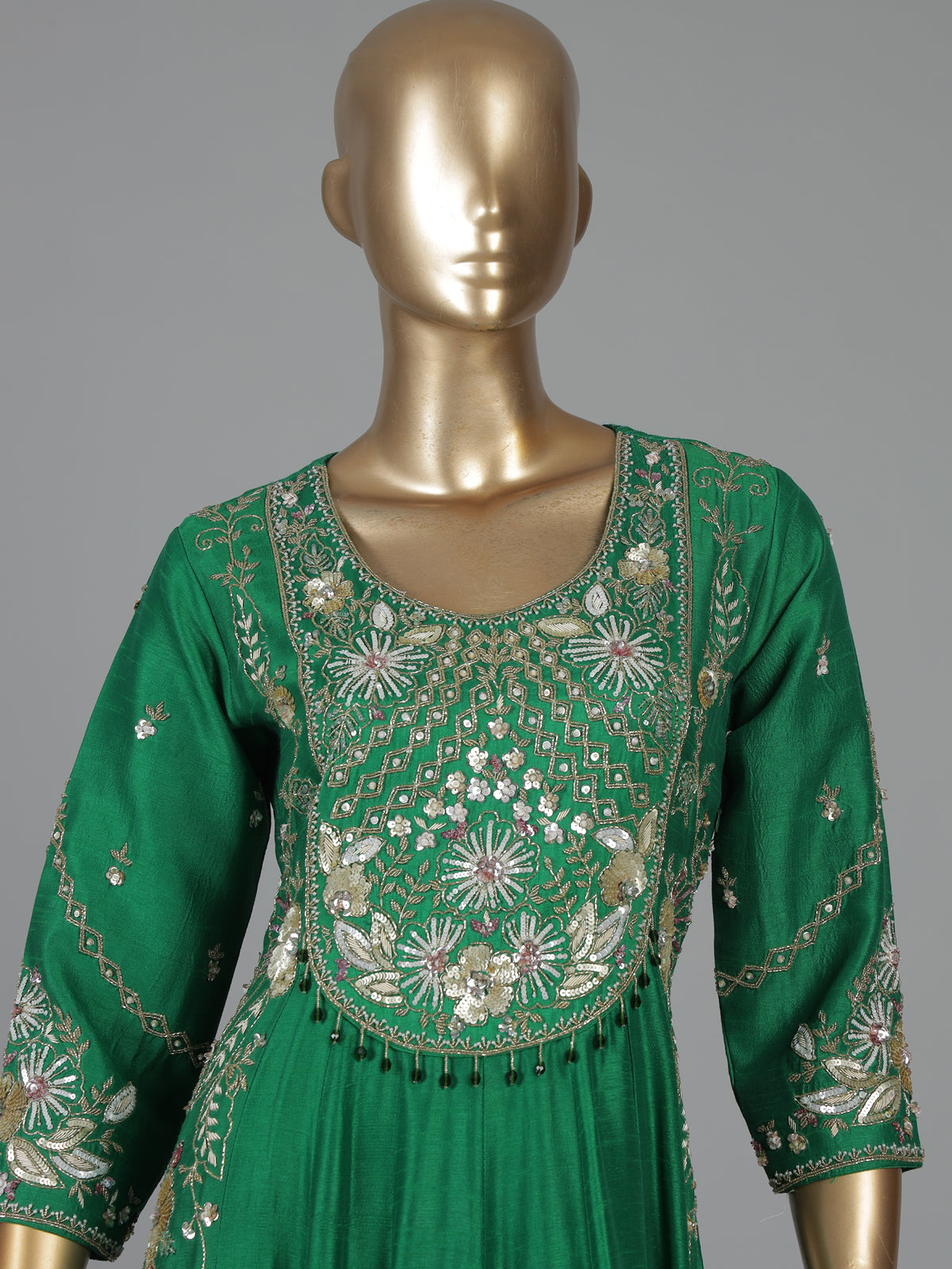 Emerald green silk wedding wear anarkali suit