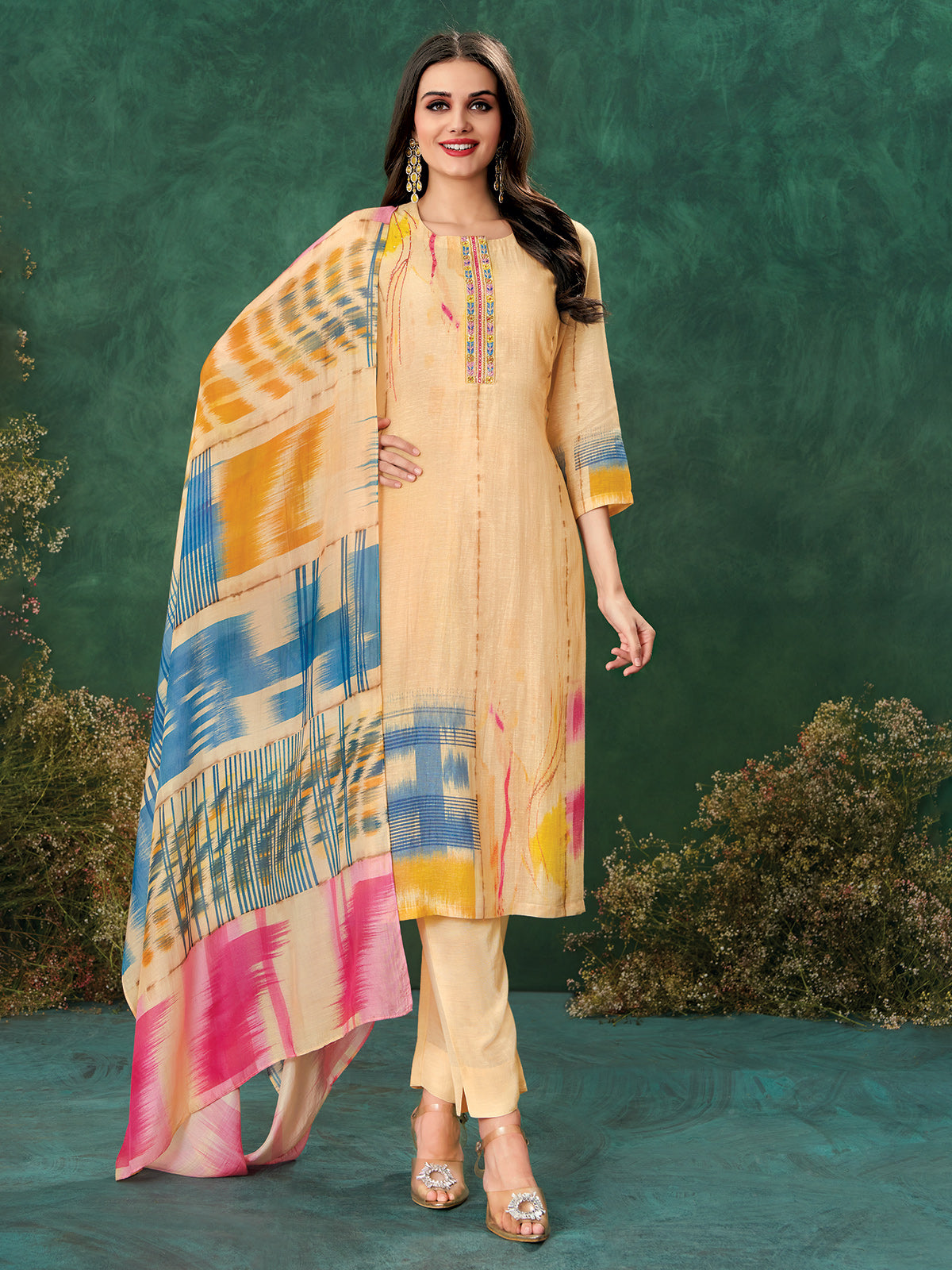 Peach linen salwar suit in printed