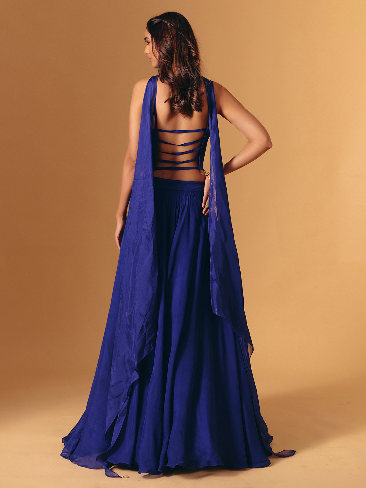 Blue georgette lehenga choli with cowrie shell for wedding