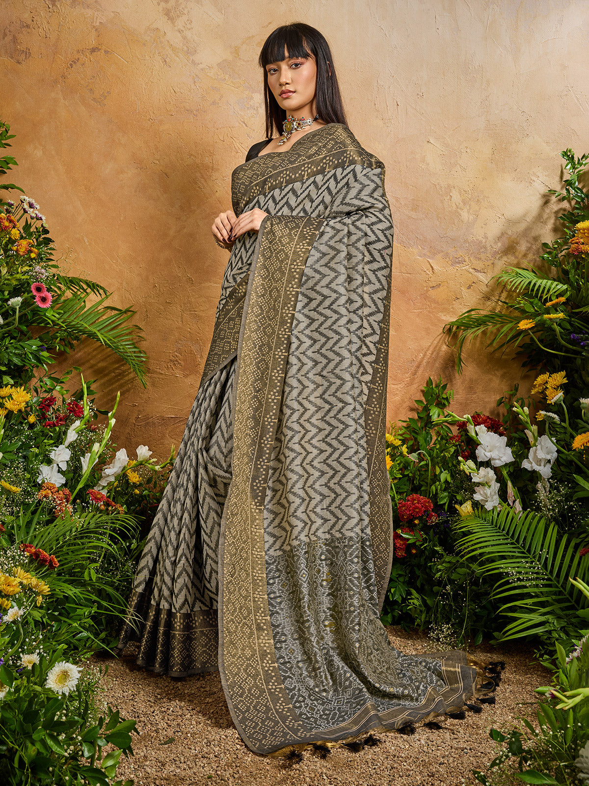 Black regal printed woven festive saree allure