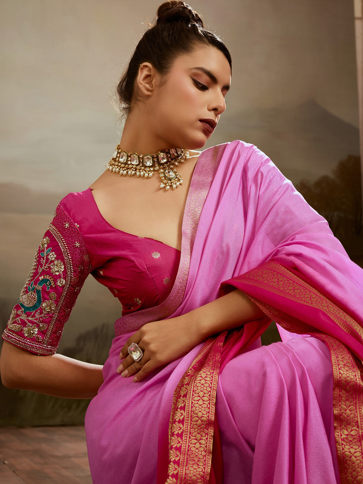 Pink shaded zari drape wedding saree elegance