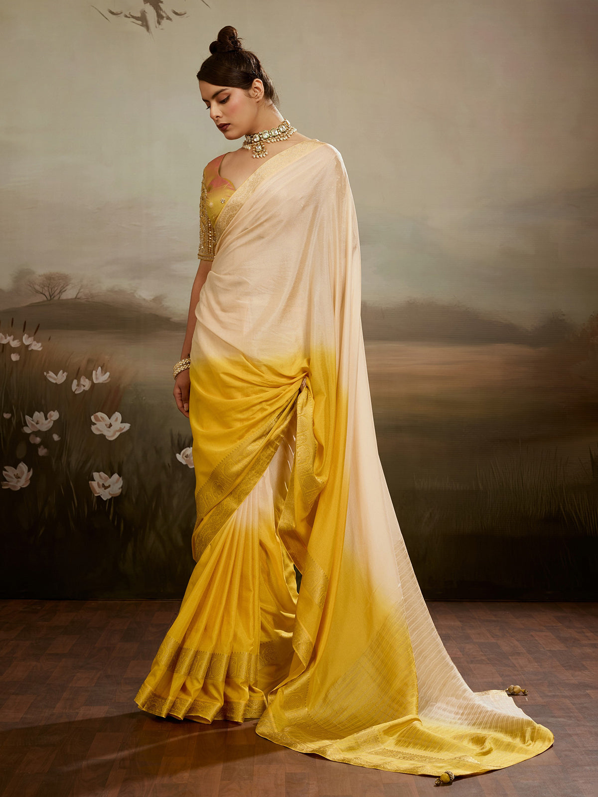 Beige ombre woven saree with timeless charm