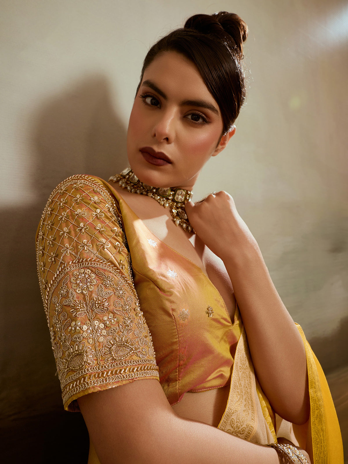 Beige ombre woven saree with timeless charm