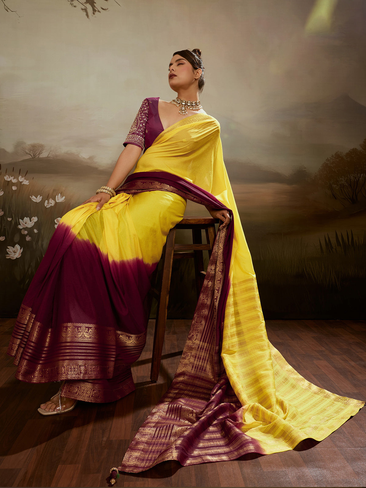 Yellow sunshine ombre saree with festive brilliance