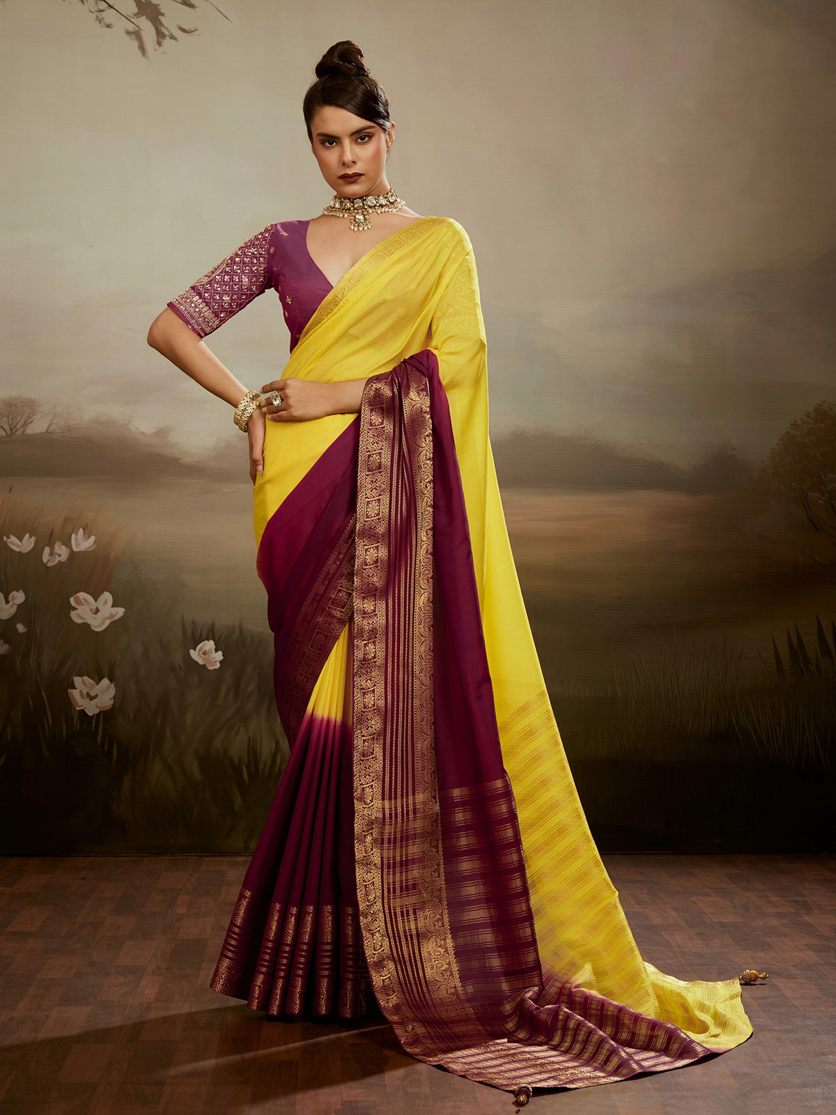Yellow sunshine ombre saree with festive brilliance