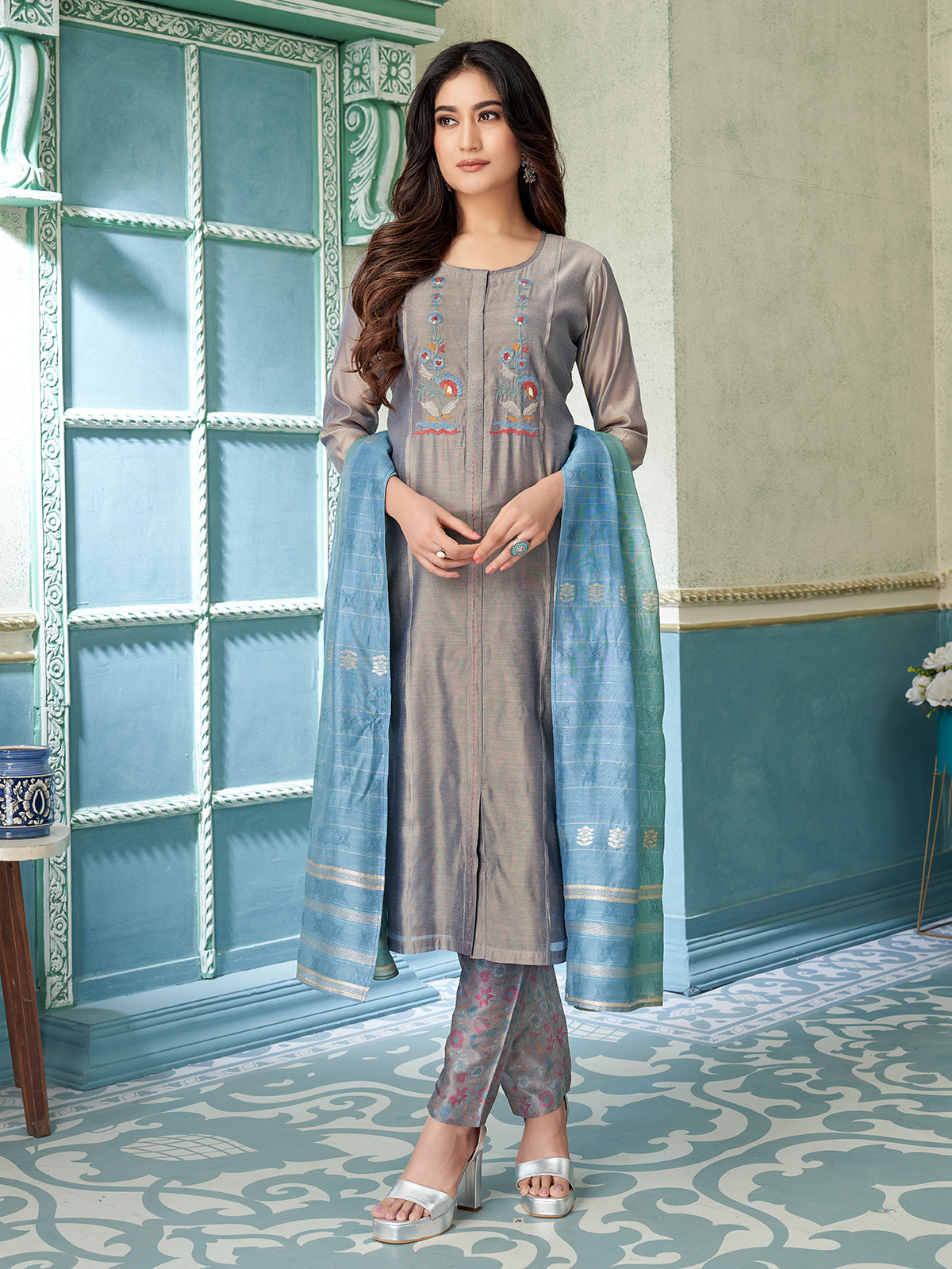 Grey cotton silk salwar suit with embroidered detailing
