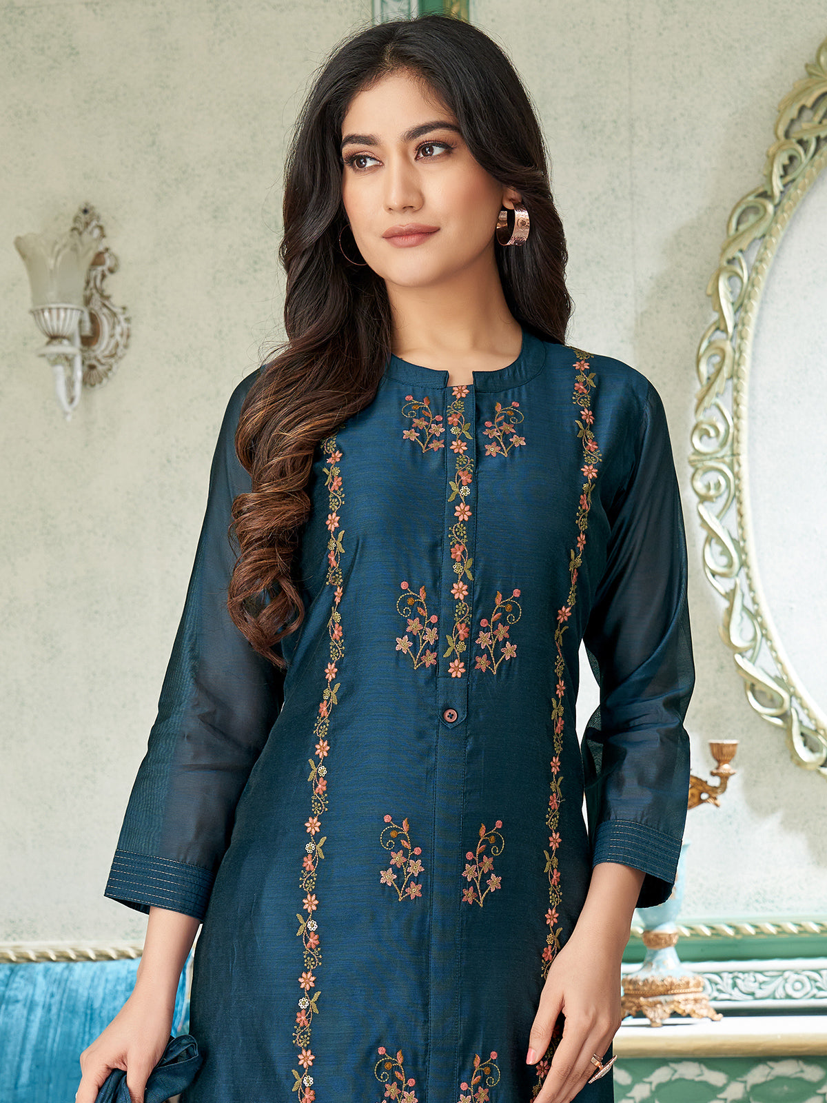 Rama blue cotton silk salwar suit with embroidery work
