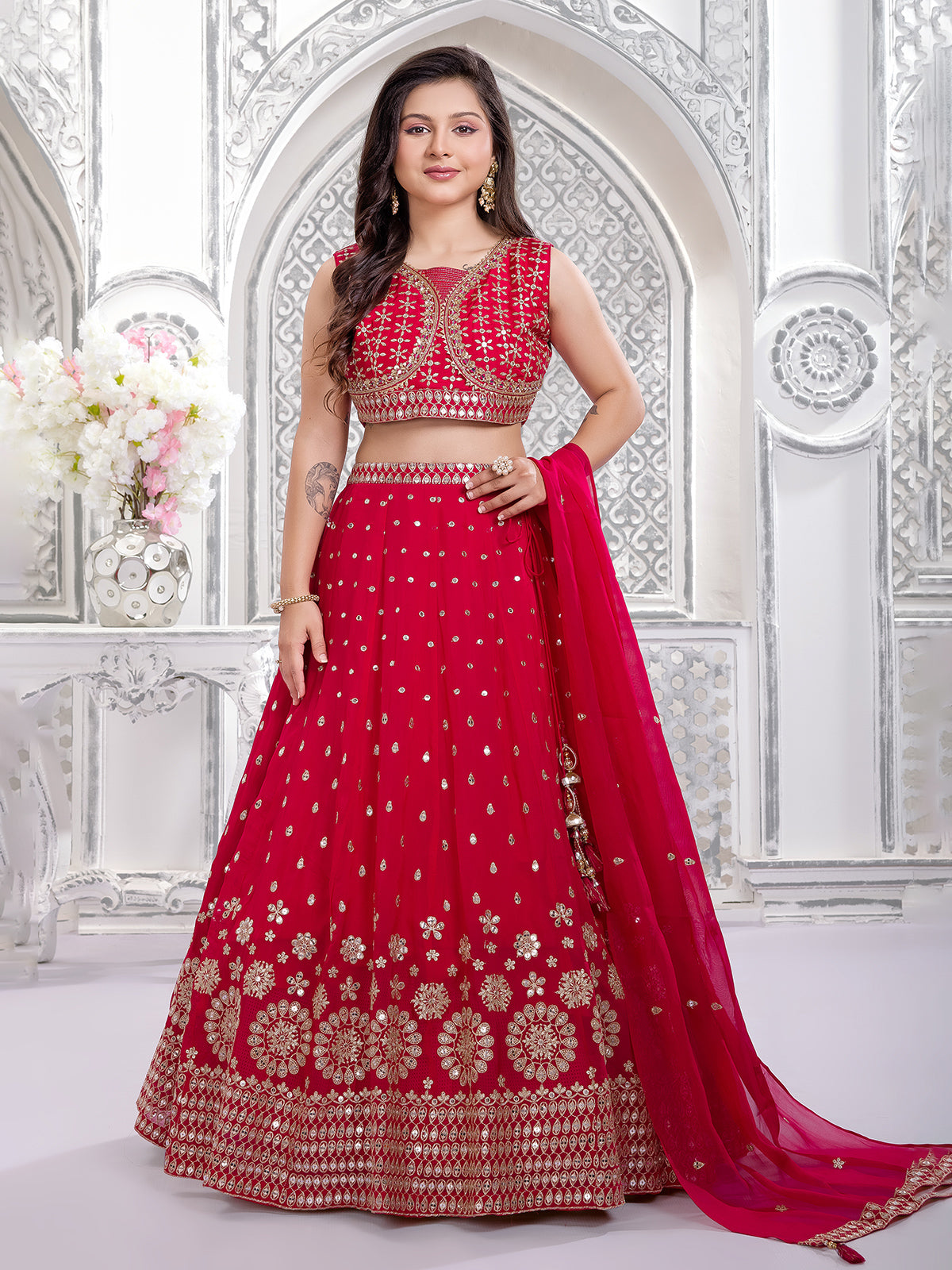 Red wedding wear georgette lehenga choli for girls