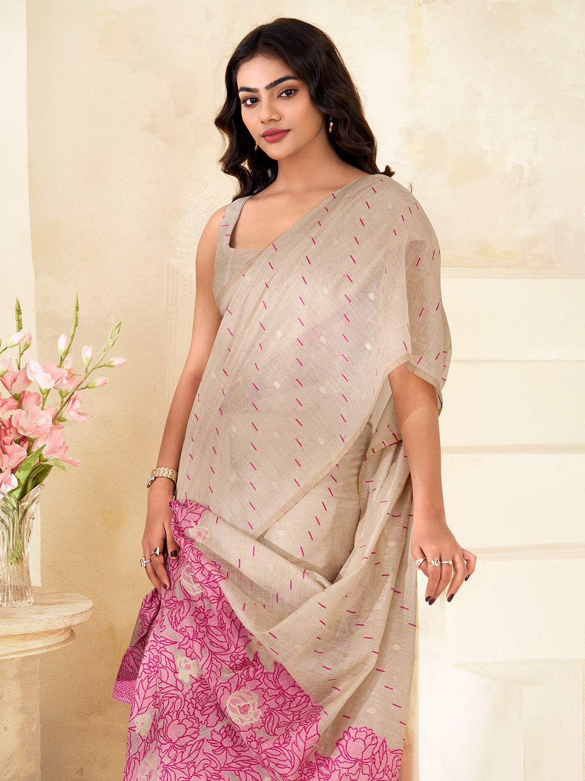 Pink floral artistry saree with elegant appeal