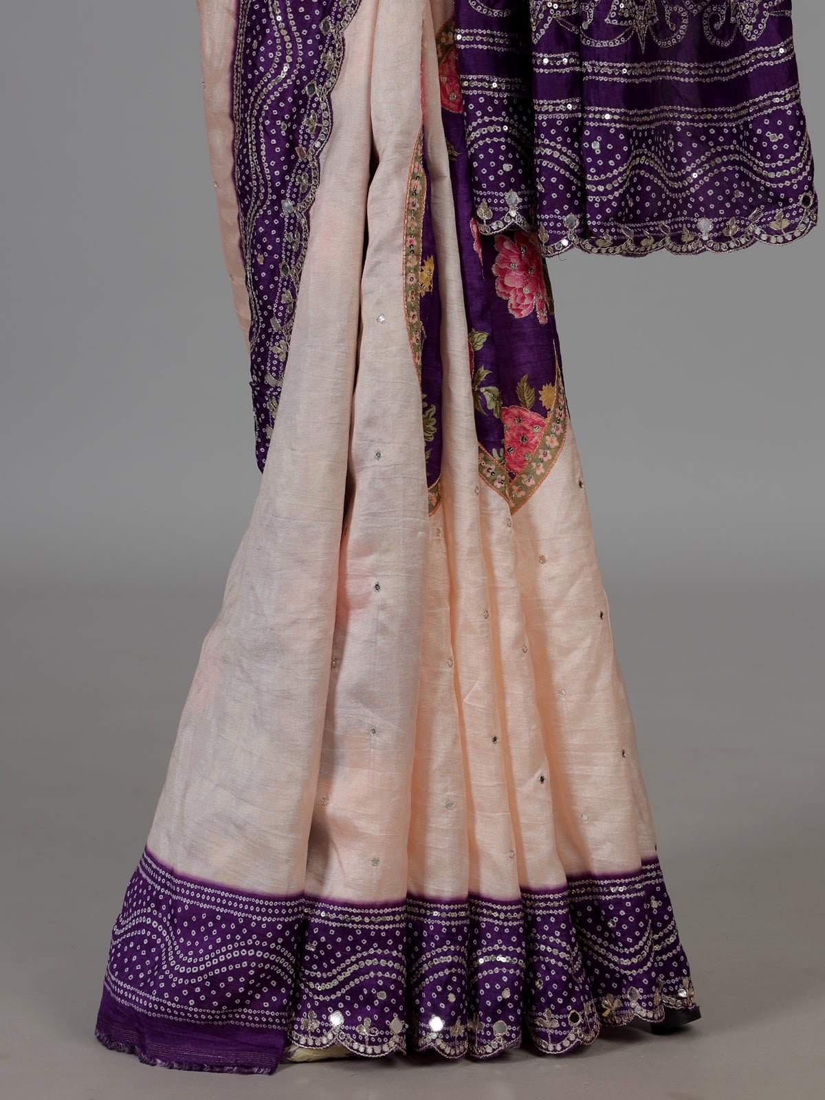 Peach floral mirror work dola silk saree