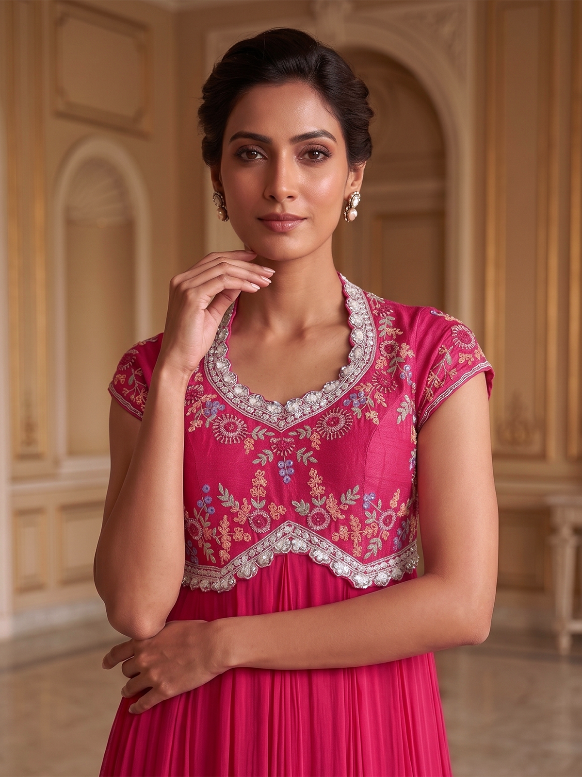 Fuchsia pink georgette festive floor length Anarkali suit