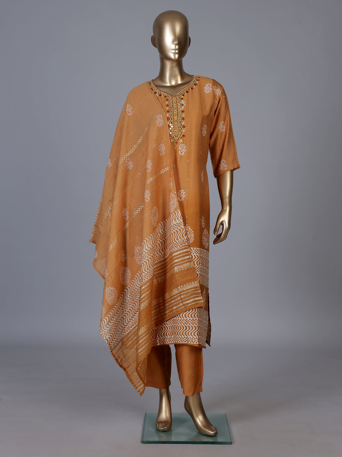 Peach silk kurti set with mirror and sequin work