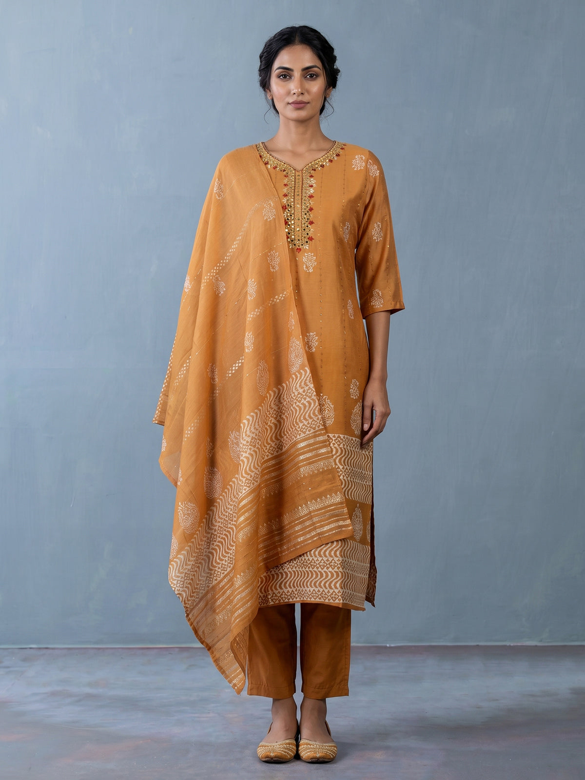 Peach silk kurti set with mirror and sequin work