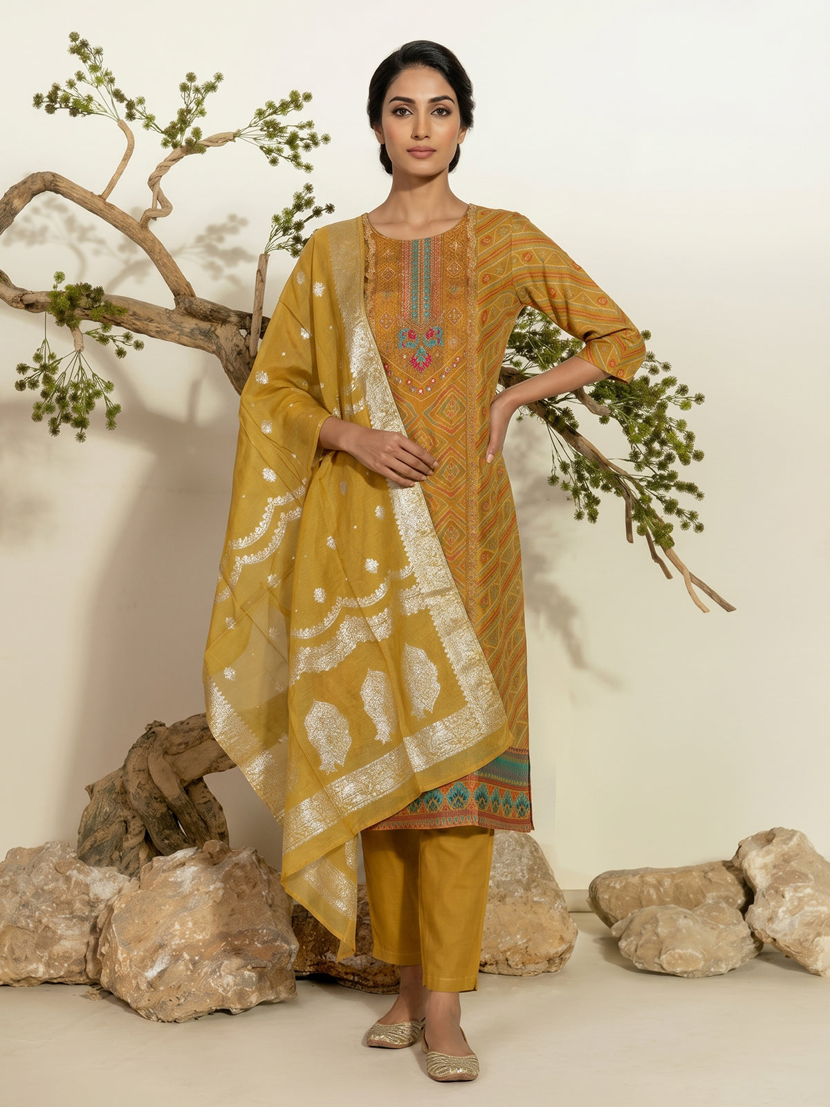 Mustard yellow silk kurti set with zari and cutdana detailing