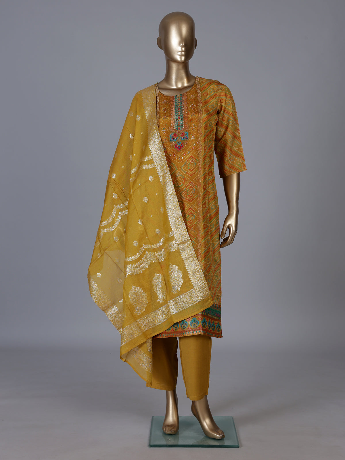 Mustard yellow silk kurti set with zari and cutdana detailing