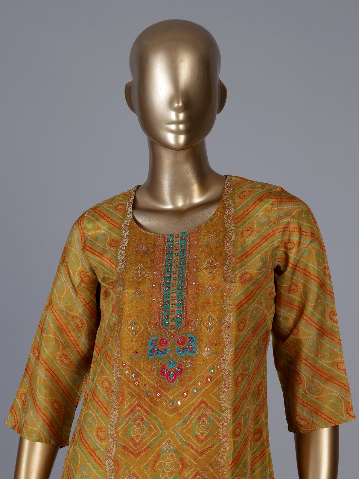Mustard yellow silk kurti set with zari and cutdana detailing