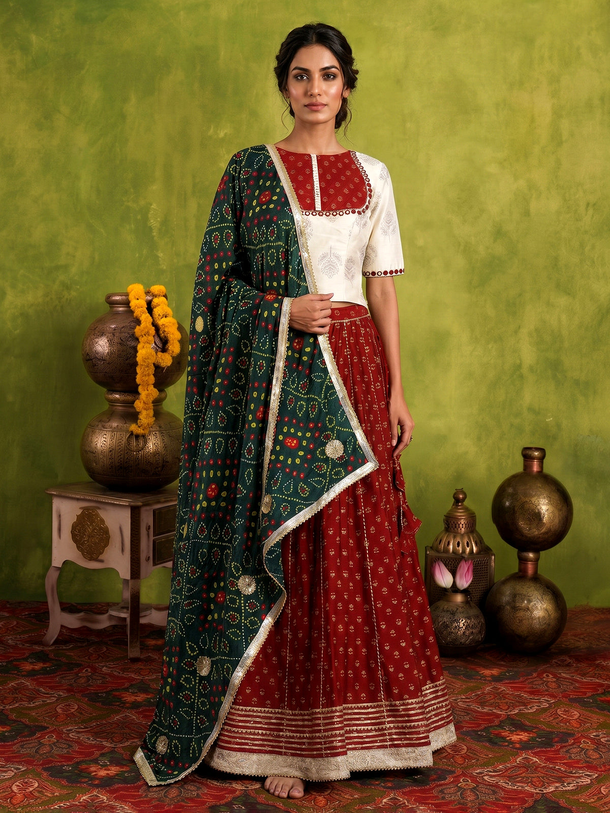 Cream maroon traditional festive lehenga choli