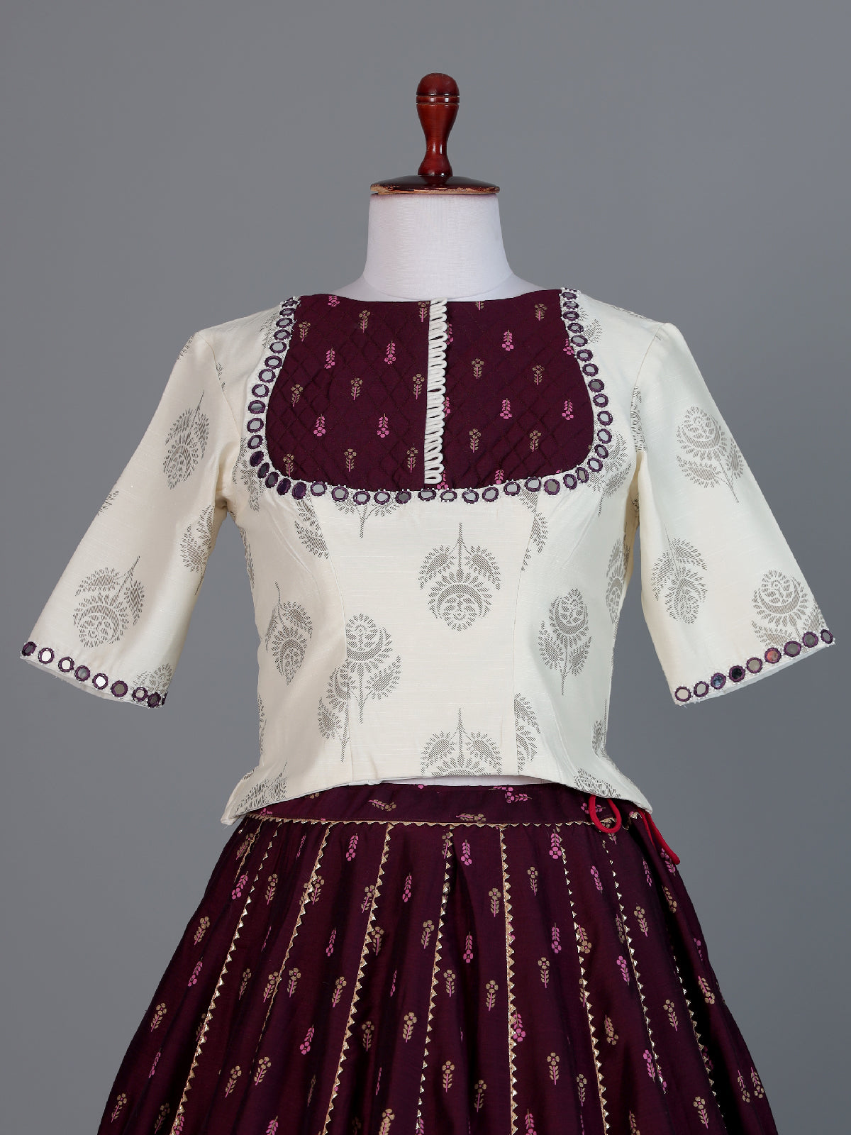 Cream wine cotton festive lehenga choli