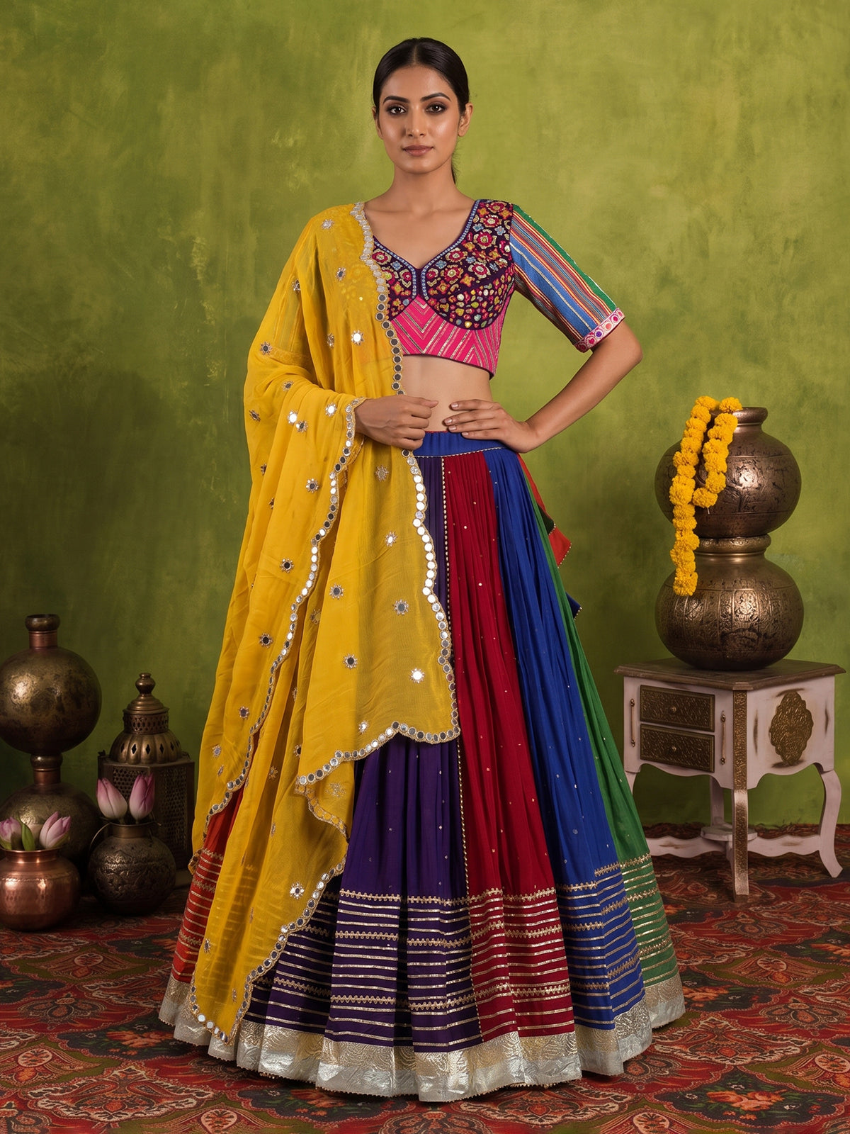 Multicolor cotton silk Garba lehenga choli