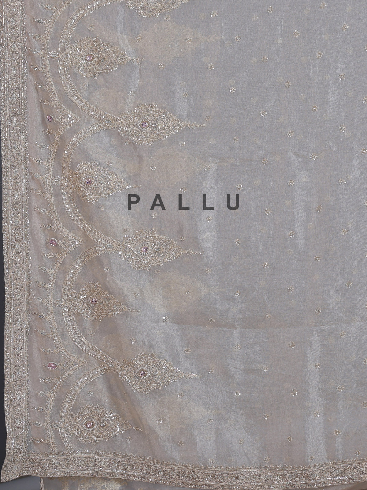 Beige tissue silk reception wear saree with cutdana work