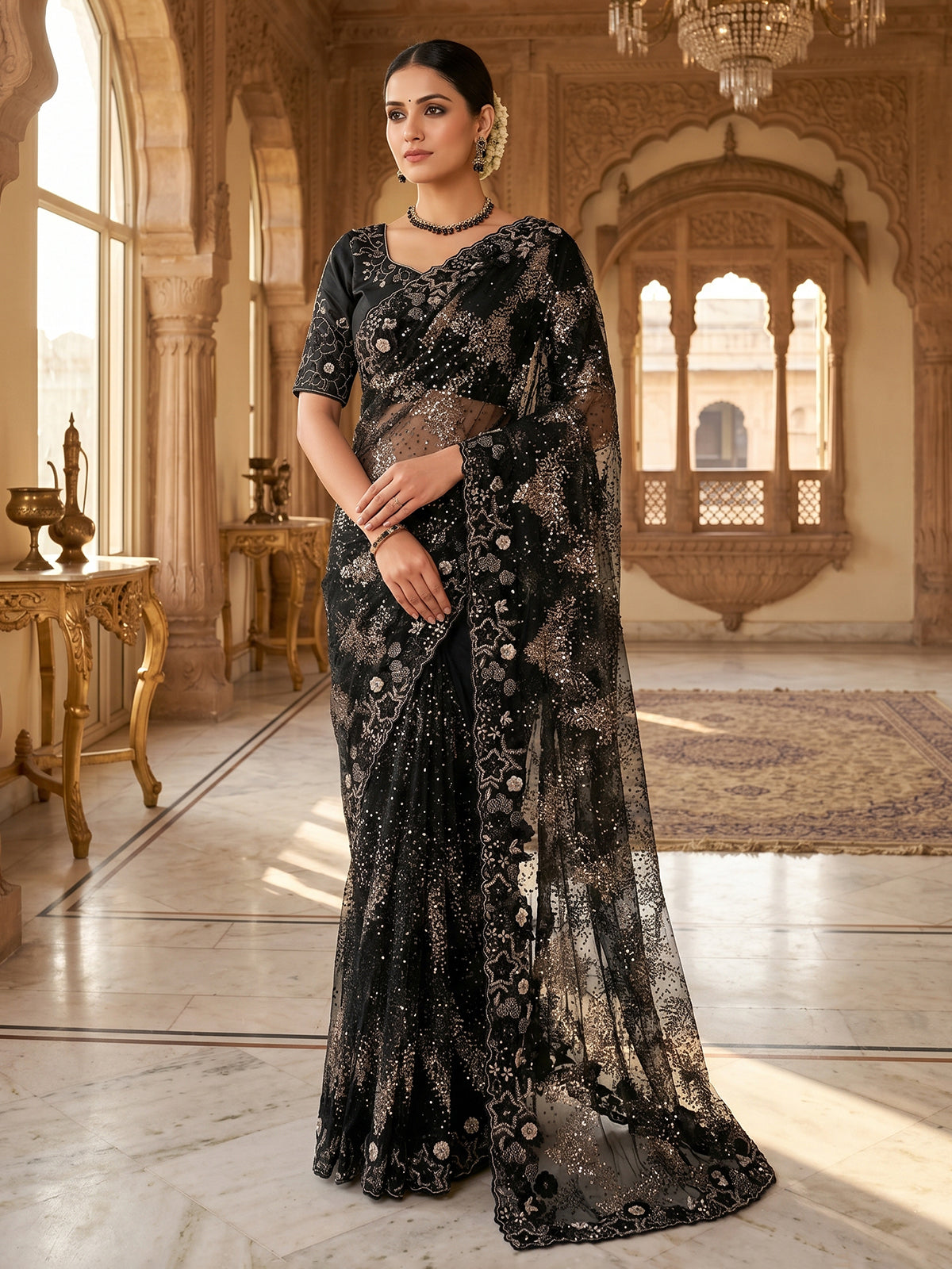 Black net saree with sequin and cutdana work